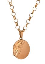 A 9ct gold locket, 1.5cm diam, Sheffield 1984, on gold chain marked 9KT, 6.3g Condition Report: Good