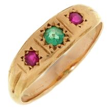 A ruby and emerald ring, c1900, gypsy set in gold, 3.7g, size Q Condition Report: Wear consistent