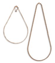 A gold chain, 44cm l, marked 750 and a 9ct gold chain, 61cm l, 8.9g (750) and 10g (9ct) Condition