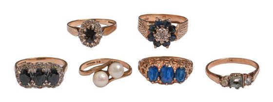 Six gold rings, variously gem set, 17.3g, size L, M, N Condition Report: One of the smallest rings
