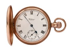 A 9ct gold hunting cased keyless lever watch, with Waltham movement, in plain Denison case, 4.9cm
