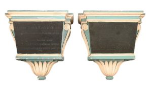 A pair of George III neoclassical architectural pine wall brackets for portrait busts, the thin