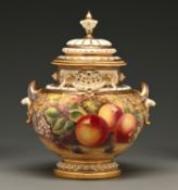 A Royal Worcester pot pourri vase and cover, c1970, painted by J Skerrett, signed, with a continuous