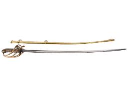 A Georgian officer's sword. Having an etched blade and wooden grip, with brass scabbard.
