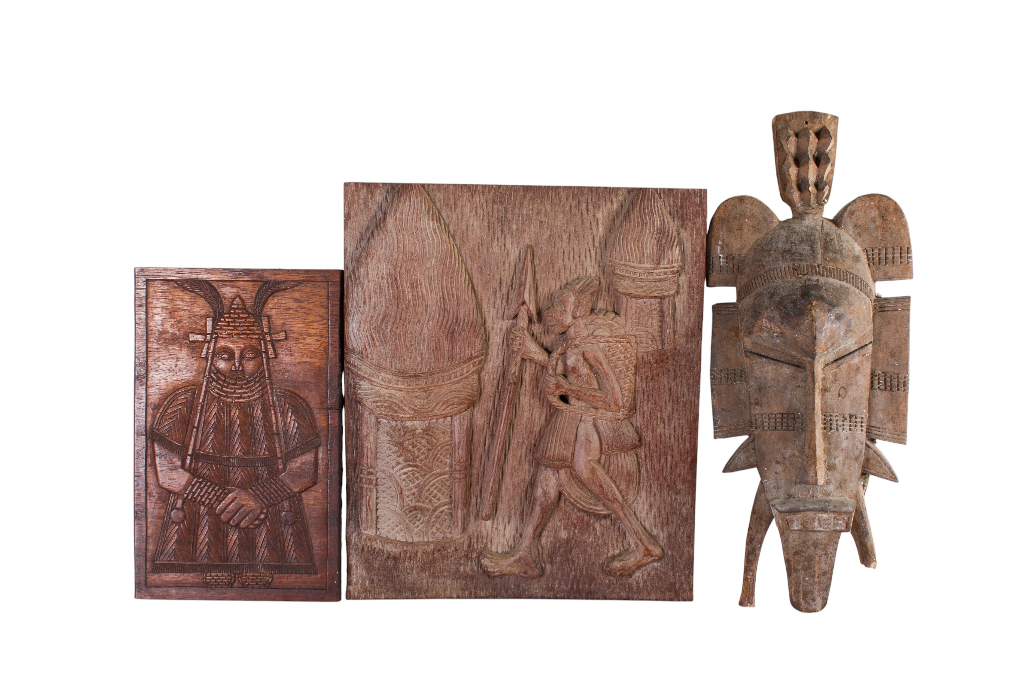 A group of three African Tribal wood carvings. Including a mask, etc. Max.