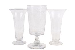 A pair of Victorian cut glass vases and another. Including a celery glass with baluster stem. Max.