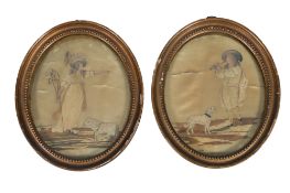 A pair of Georgian silkworks depicting a shepherd and shepherdess.