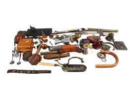 A collection of assorted metal and wooden items. Including ornaments, tableware, etc.