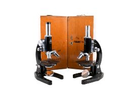 Two circa 1960s school microscopes in wooden cases. By ASA, Tokyo, S/N 45355 and 47356.