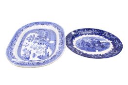 Two blue and white transfer printed meat plates. Including Wedgwood Ferrara and a Willow pattern.