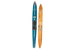Two vintage laminate single water skis.