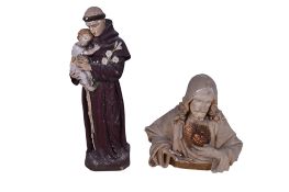 Two religious icons. One modelled as Christ, H40cm, the other a monk holding a child, H63cm.