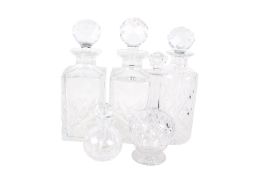 A pair of square form glass decanters and a perfume bottle, etc. Max.
