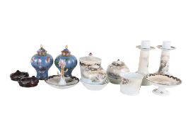 A collection of assorted ceramics. Including an oriental tea set, cloisonne vases, lids and stands.