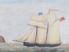 A 'naive' oil on paper of a ship under sail. Unsigned, in a modern frame.
