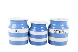 Two T G Green Cornish Kitchen Ware storage jars plus another. Including 'Oatmeal' and 'Rice', etc.