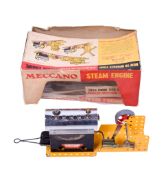 A Meccano steam engine, power drive, in original box. Attached to yellow base, total L23cm.