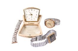 Two gentlemen's wristwatches, a watch strap and a Swiza travelling clock.