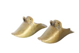A pair of solid brass 'conquistador' horse riding closed stirrups. Having engraved decoration.