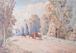 A 20th century watercolour of figures pulling carts along a road.