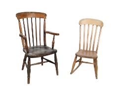 Two vintage Windsor chairs. Comprising an open armchair and a smaller rocking chair. Max.