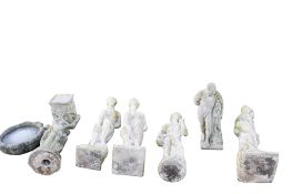 Five composite stone garden figures and a bird bath. Including a figure of David, Max H95cm.