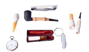 A small group of collectables including pipes and a gold plated pocket watch.