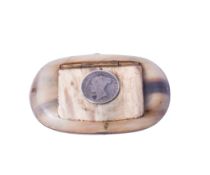 A small oval horn snuff box. The small flat hinged lid with attached Victorian coin, total 7cm x 4.