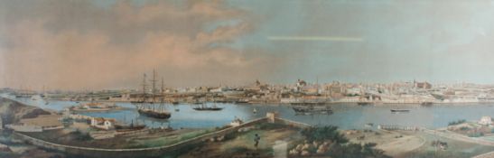 An antique coloured lithograph of a panoramic view of Mahón (Maó), a town on the island of Menorca,