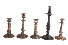 Five assorted candlesticks. Including a pair of silver plated telescopic candlesticks, etc. Max.