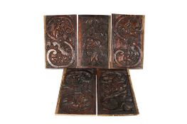A set of five assorted Indian erotic carved hardwood panels.