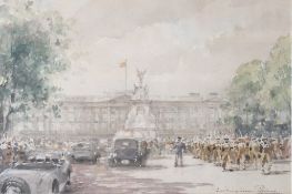 Charles E Turner (1893-1965), watercolour, 'Buckingham Palace - WWII'.