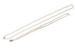 Two cultured pearl necklaces. One with two graduated strings, largest pearl circa 6.