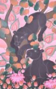 Gustavo Novoa (Chilean, born 1941), oil on board, two pumas against a pink ground.