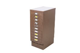 A brown metal multi drawers filing cabinet. Having ten drawers.