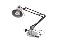 A contemporary JLP chrome adjustable swing arm desk lamp. Model KS-209SB, raised on a circular base.