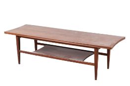 A Richard Hornby mid-century two tier teak coffee table. Raised on tapered supports, H35.