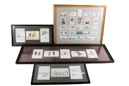 A collection of postcards and cigarette cards in four frames.
