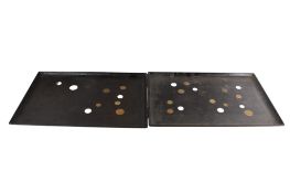 Two mid-century Couroc of Monterey rectangular resin serving trays Both with inset world coins.