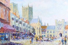 Gordon Cox (contemporary), oil on board, 'The Market Place, Wells'.