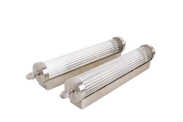 A pair of contemporary Art Deco style wall lights with glass rods. With pineapple finials.