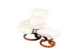 A contemporary easy recliner armchair and matching footstool.