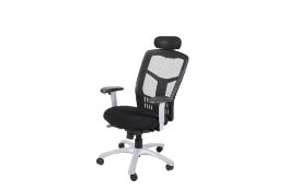 A modern mesh back office chair. Having adjustable elbow rests and a head rest, Max H121cm.