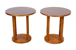 A pair of contemporary wooden coffee tables.