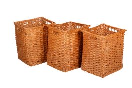 A set of three large wicker baskets. Of rectangular form with handles, H60cm x W52cm x D42cm.