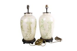 A pair of contemporary glass baluster vase type table lamps.