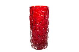 A Geoffrey Baxter Whitefriars red 'bark' textured glass vase. H18.
