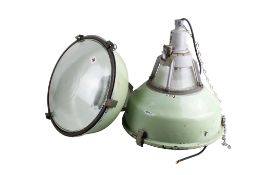 Two mid-century industrial pendant ceiling lights.