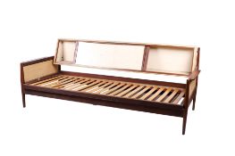 A mid-century teak Scandinavian style sofa bed, unbranded.
