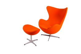 After Arne Jacobsen, a modern orange upholstered 'egg' swivel chair and matching footstool.